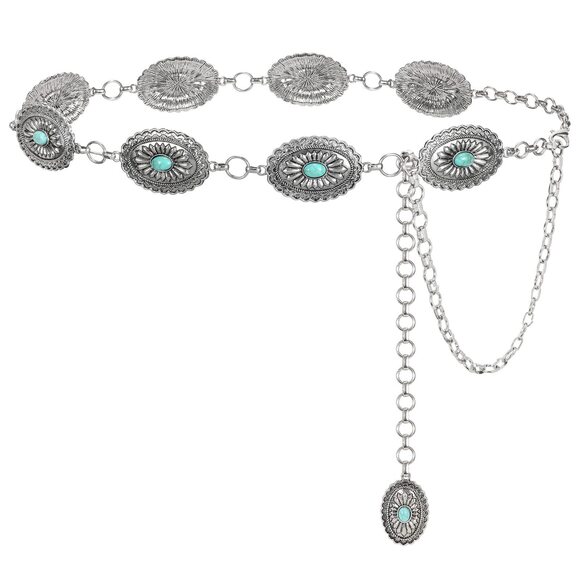 Accessories - 4723 Women Turquoise Concho Chain Waist Belt Silver Western Cowgirl Metal Boho